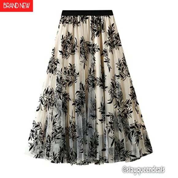 A-Line Midi Skirt Elastic Waist Tulle Layered Ruffle Fairy Pattern - Picture 2 of 6
